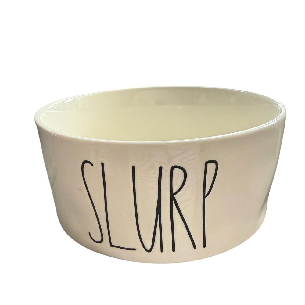 Rae Dunn "SLURP" Dog Bowl XL 8" LL White Ceramic Magenta Artisan Collection - Picture 2 of 10